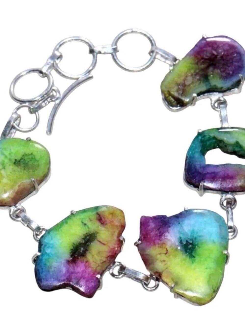 Rainbow Solar Quartz Druzy Sterling Silver Overlay Bracelet